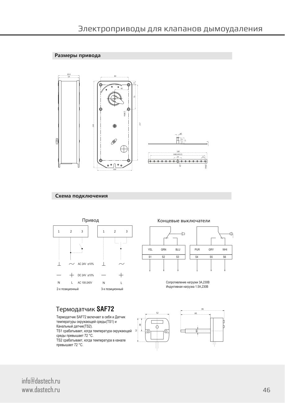 Размеры и схема подключения электропривода Dastech FS-30N24S